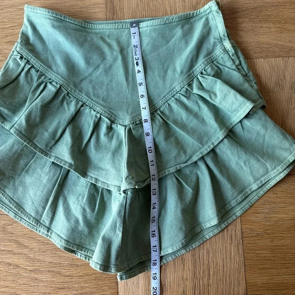 Mother The Ruffle Mini Skirt Size 30 Loden Frost Green Denim Tiered Side Zip - Picture 9 of 11